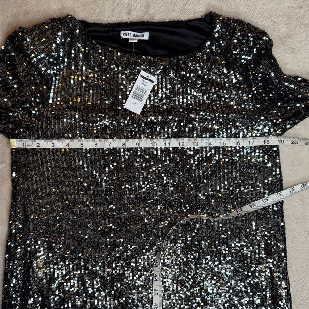 NWT Steve Madden Glittering Black Silver Sequin Shiny Long Sleeve Dress sz L - Picture 6 of 10